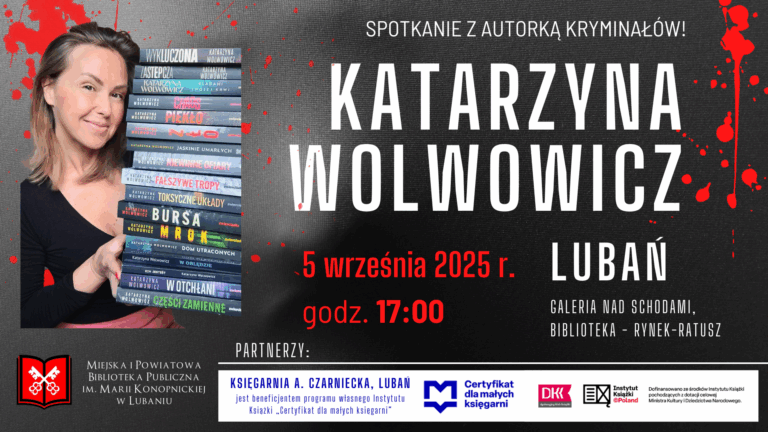 Katarzyna Wolwowicz plakat informujący o spotkaniu w Lubaniu, 5 września 2025 r. w Galerii nad Schodami, Biblioteka - Rynek-Ratusz