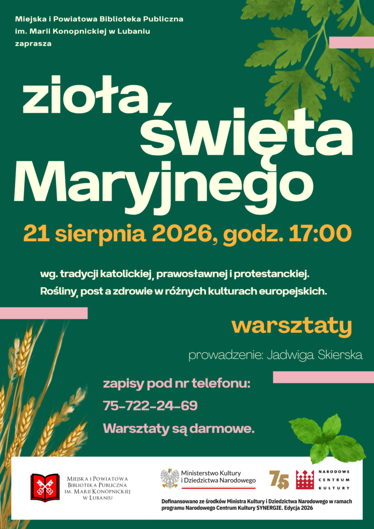 Plakat promujący warsztaty „Zioła święta Maryjnego” dotyczące tradycji zielarskich i znaczenia roślin w kulturach europejskich.